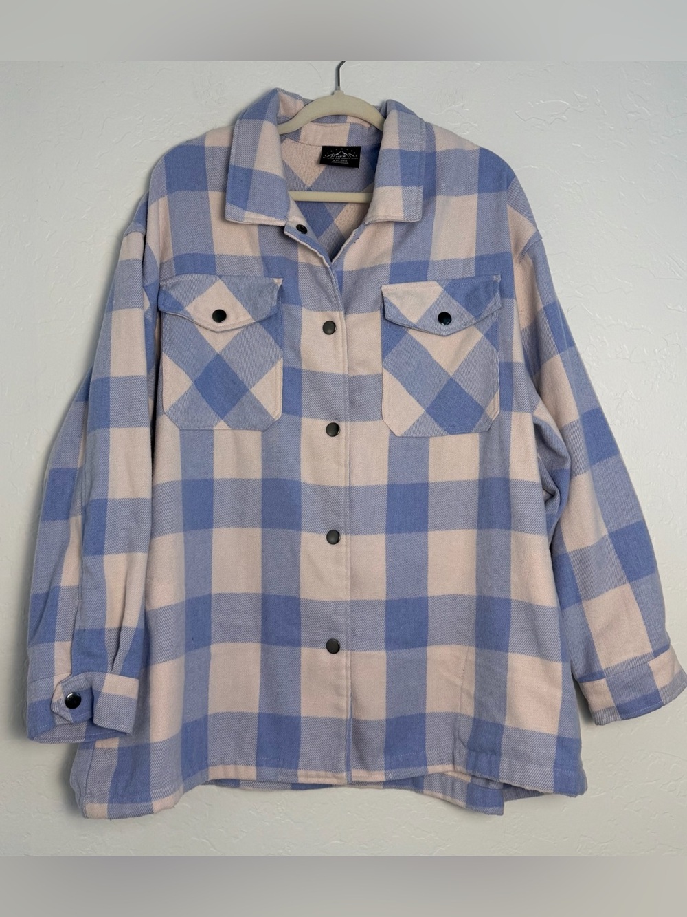 HFX Women's Size XXL Cozy Plaid Flannel Shirt Jacket Light Blue/Cream Layering